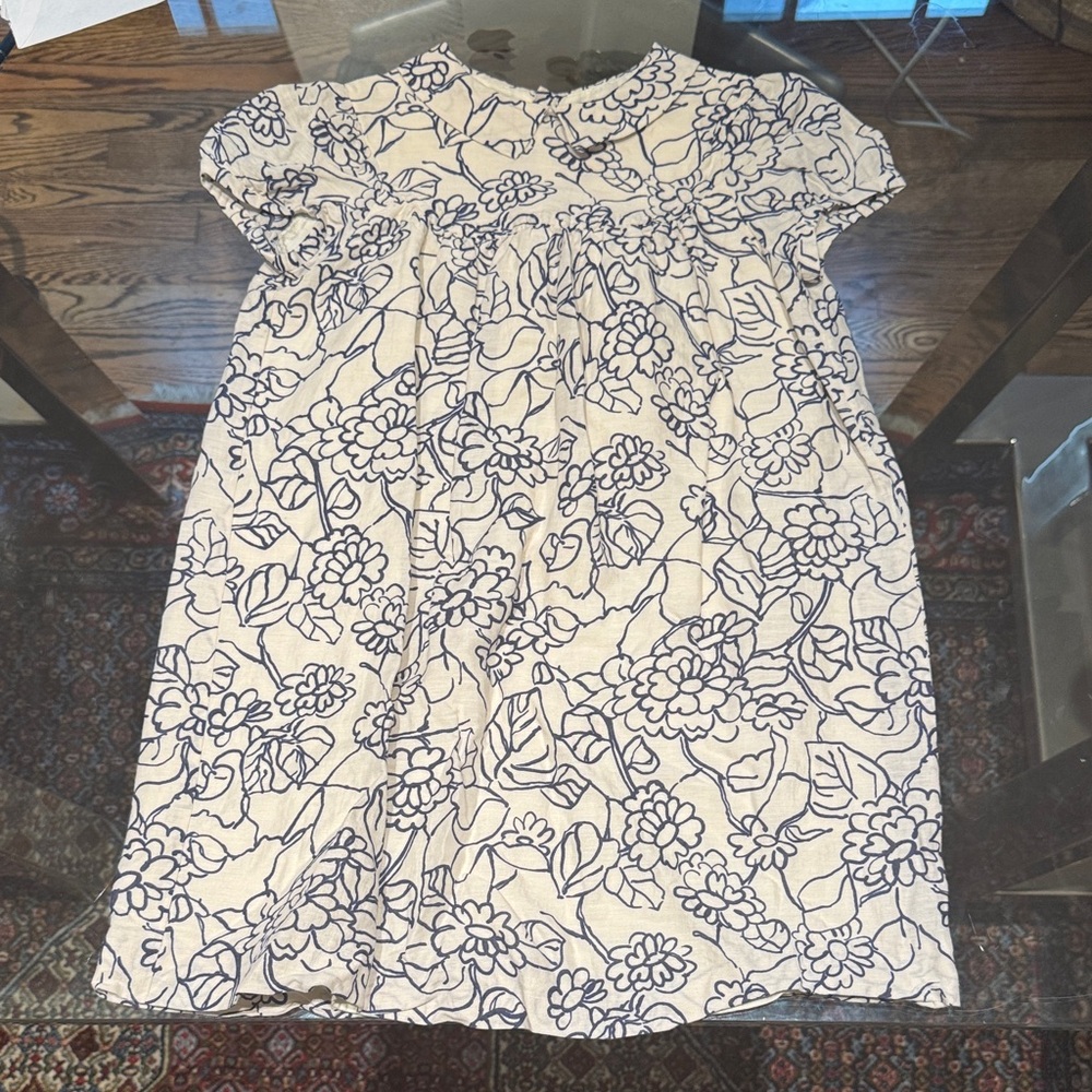 Bonpoint Cream and Blue Floral Linen Cotton Blend Dress. Excellent Like New.